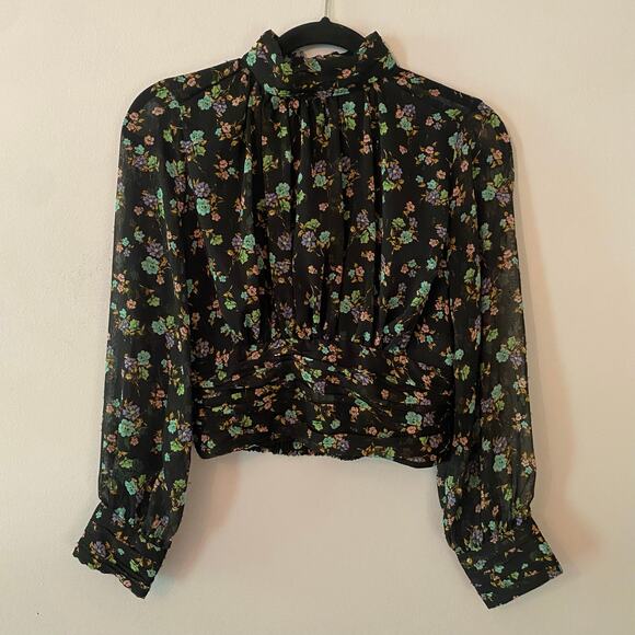 ZARA Women's size Small Black Floral Mockneck Long Sleeve Blouse Cropped - Picture 1 of 11